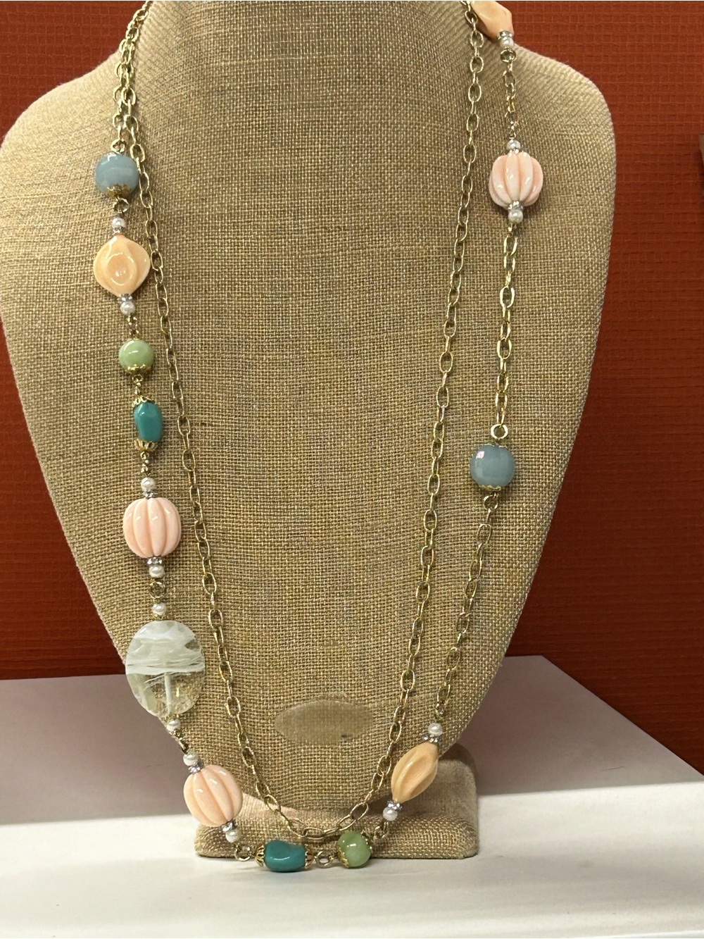 Gerard Yosca Lucite Glass Faux Pearl Gold Tone Layering Necklace